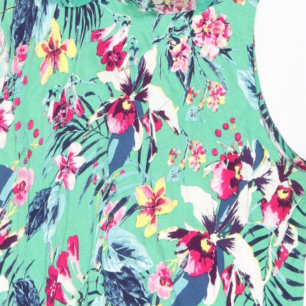 M&Co Womens Green Floral Viscose Basic Tank Size 16 V-Neck - Elastic Hem