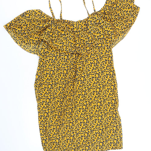 Pep & Co Womens Yellow Animal Print Polyester A-Line Size 8 Round Neck Pullover - Leopard Pattern