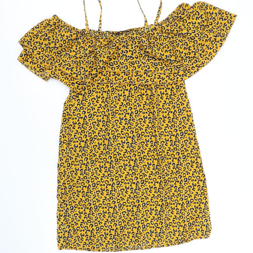 Pep & Co Womens Yellow Animal Print Polyester A-Line Size 8 Round Neck Pullover - Leopard Pattern