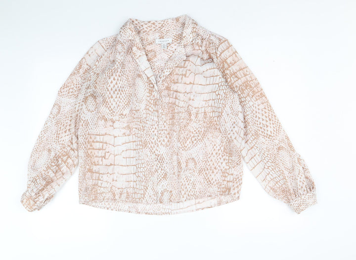 Topshop Womens Beige Animal Print Polyester Basic Button-Up Size 6 Collared - Snake Skin Print