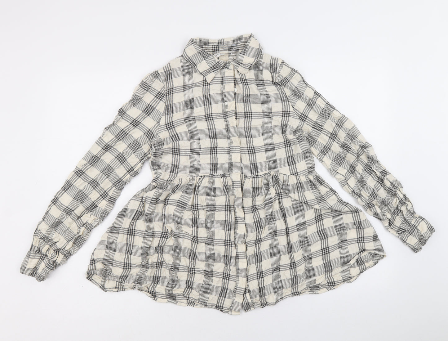 PEP&CO Womens Beige Plaid Viscose Basic Button-Up Size 8 Collared - Peplum