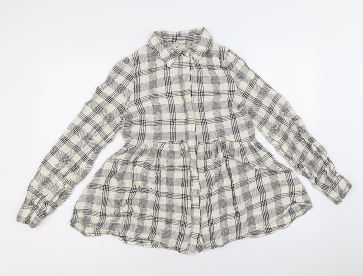 PEP&CO Womens Beige Plaid Viscose Basic Button-Up Size 8 Collared - Peplum