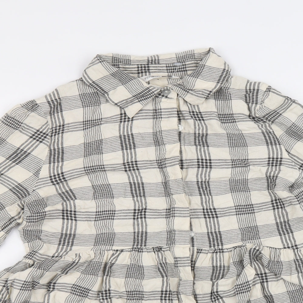 PEP&CO Womens Beige Plaid Viscose Basic Button-Up Size 8 Collared - Peplum