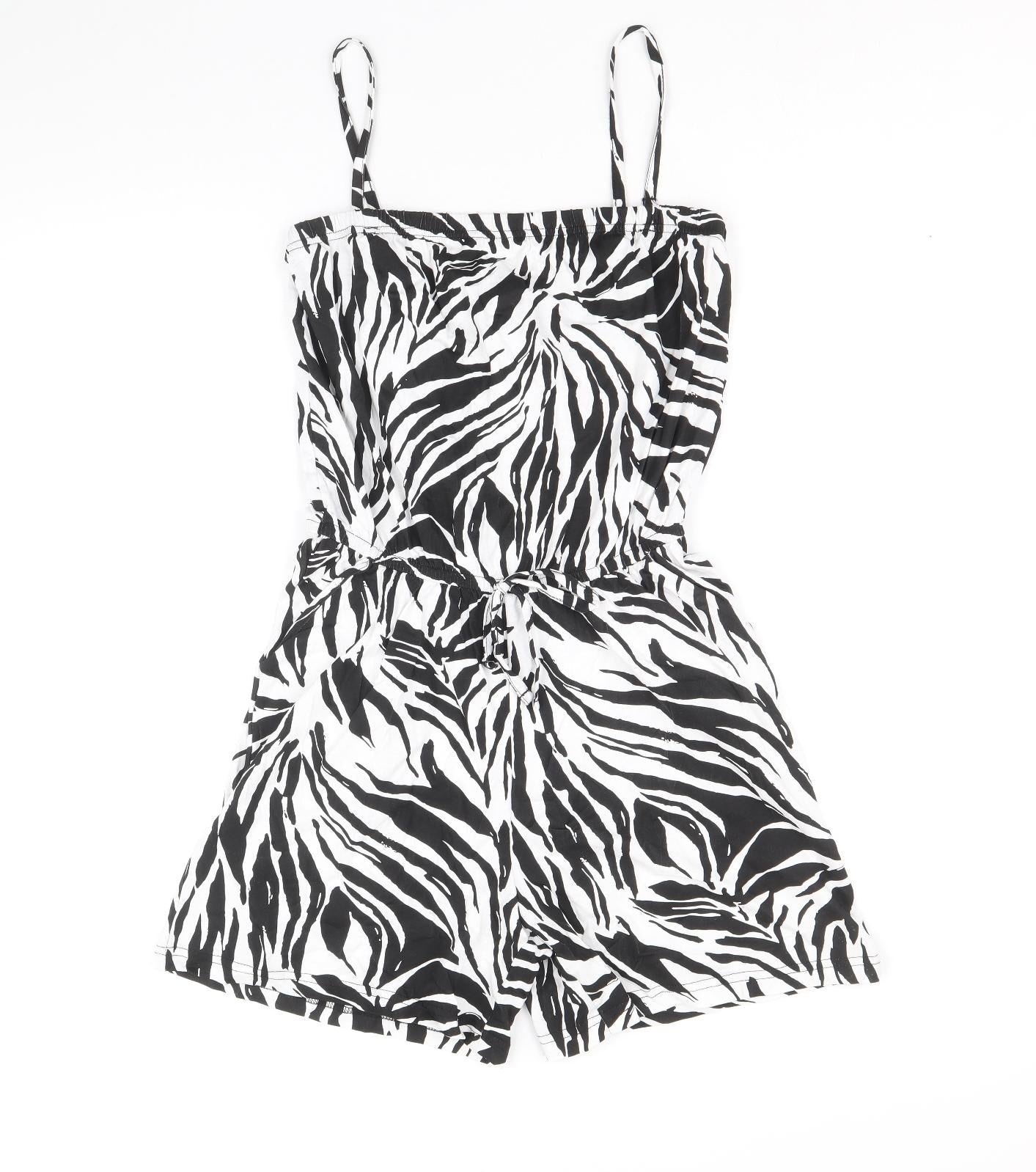 Bonmarche Womens Black Animal Print 100% Cotton Playsuit One-Piece Size 10 Pullover - Zebra Pattern