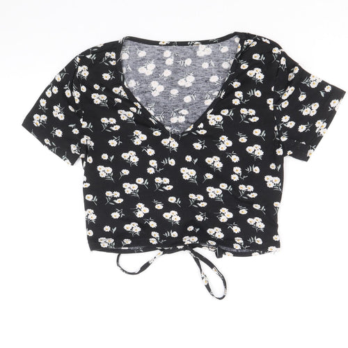 SheIn Womens Black Floral Polyester Cropped T-Shirt Size M V-Neck