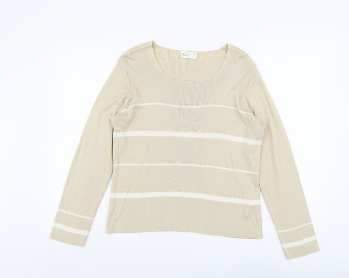 BHS Womens Beige Square Neck Striped Acrylic Pullover Jumper Size 16