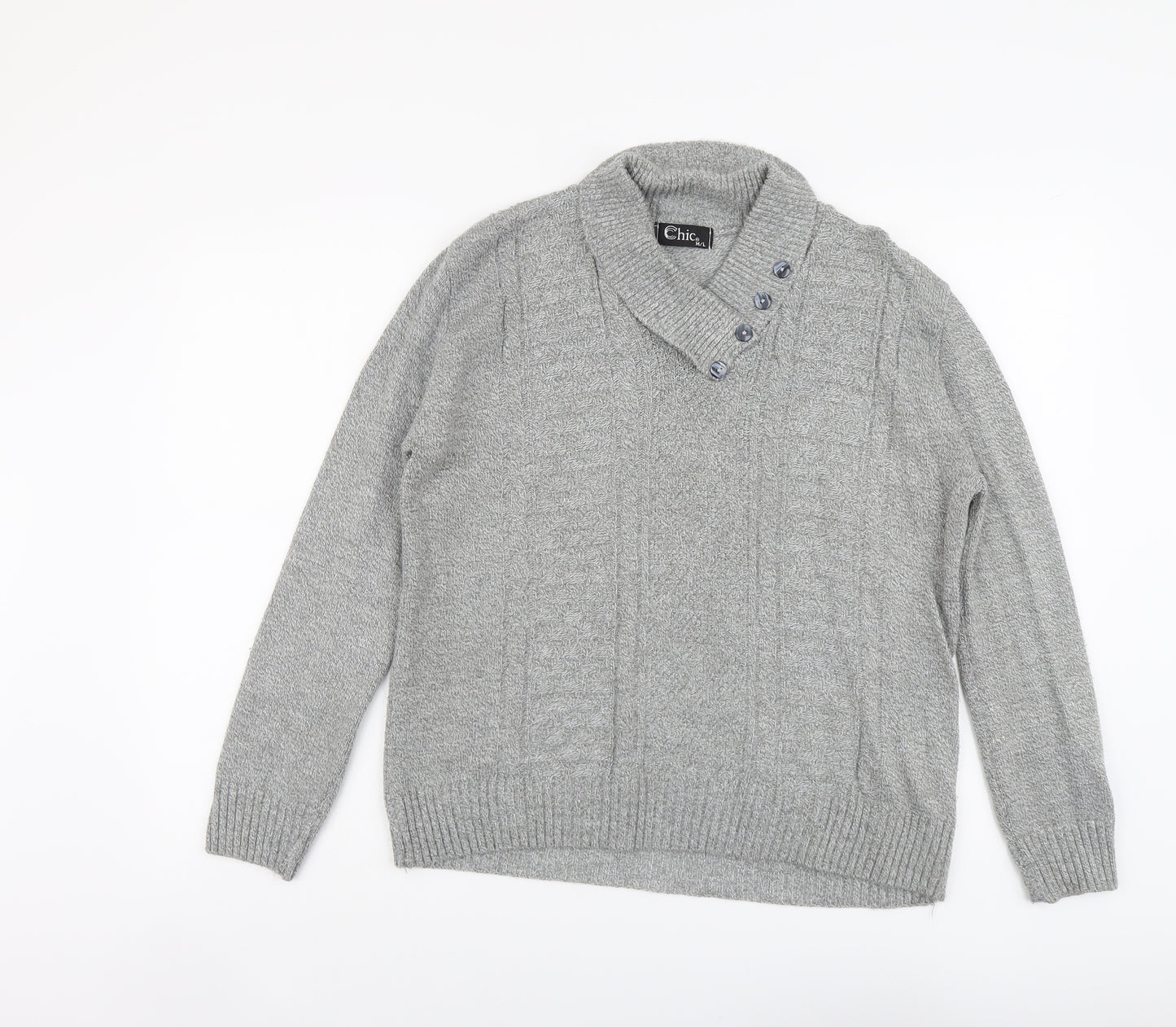 CHIC Womens Grey V-Neck Acrylic Pullover Jumper Size M