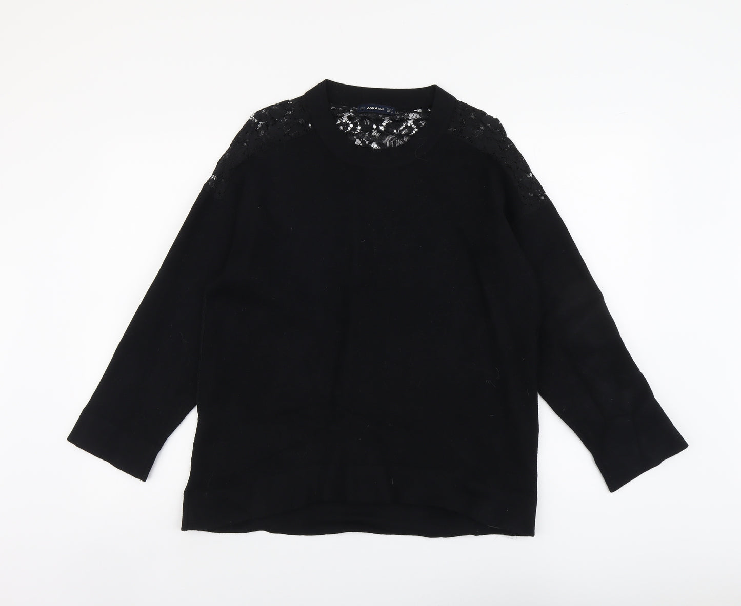 Zara Womens Black Round Neck Viscose Pullover Jumper Size M - Lace Back Detail