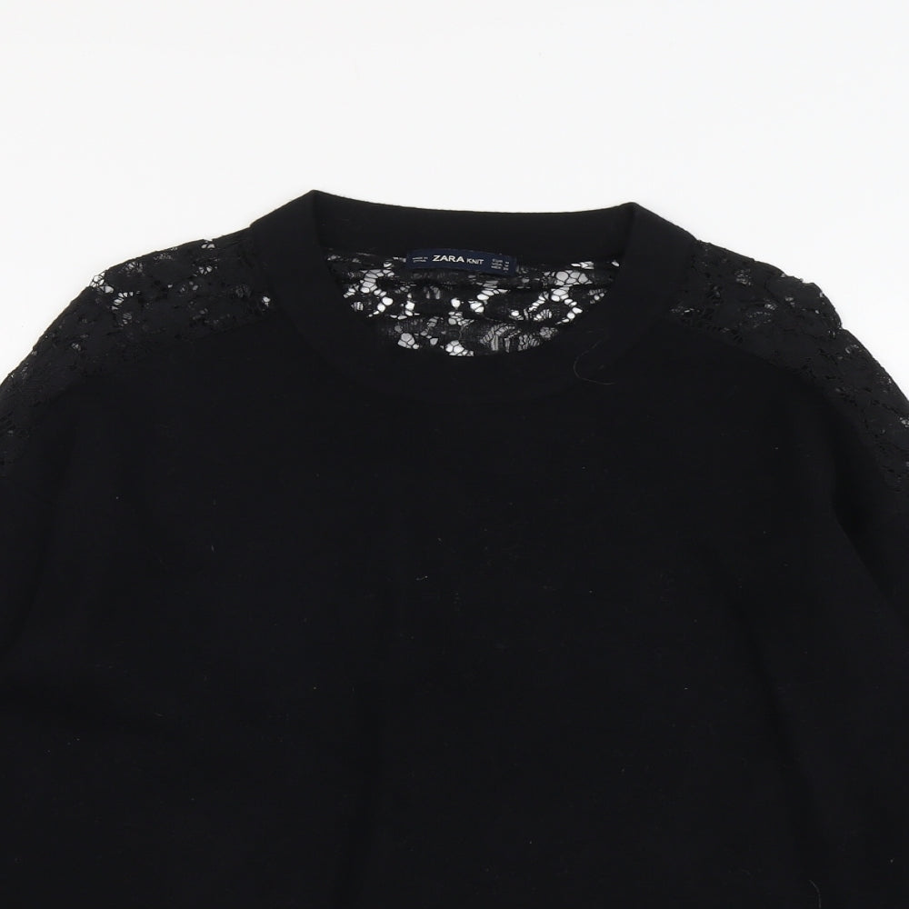 Zara Womens Black Round Neck Viscose Pullover Jumper Size M - Lace Back Detail