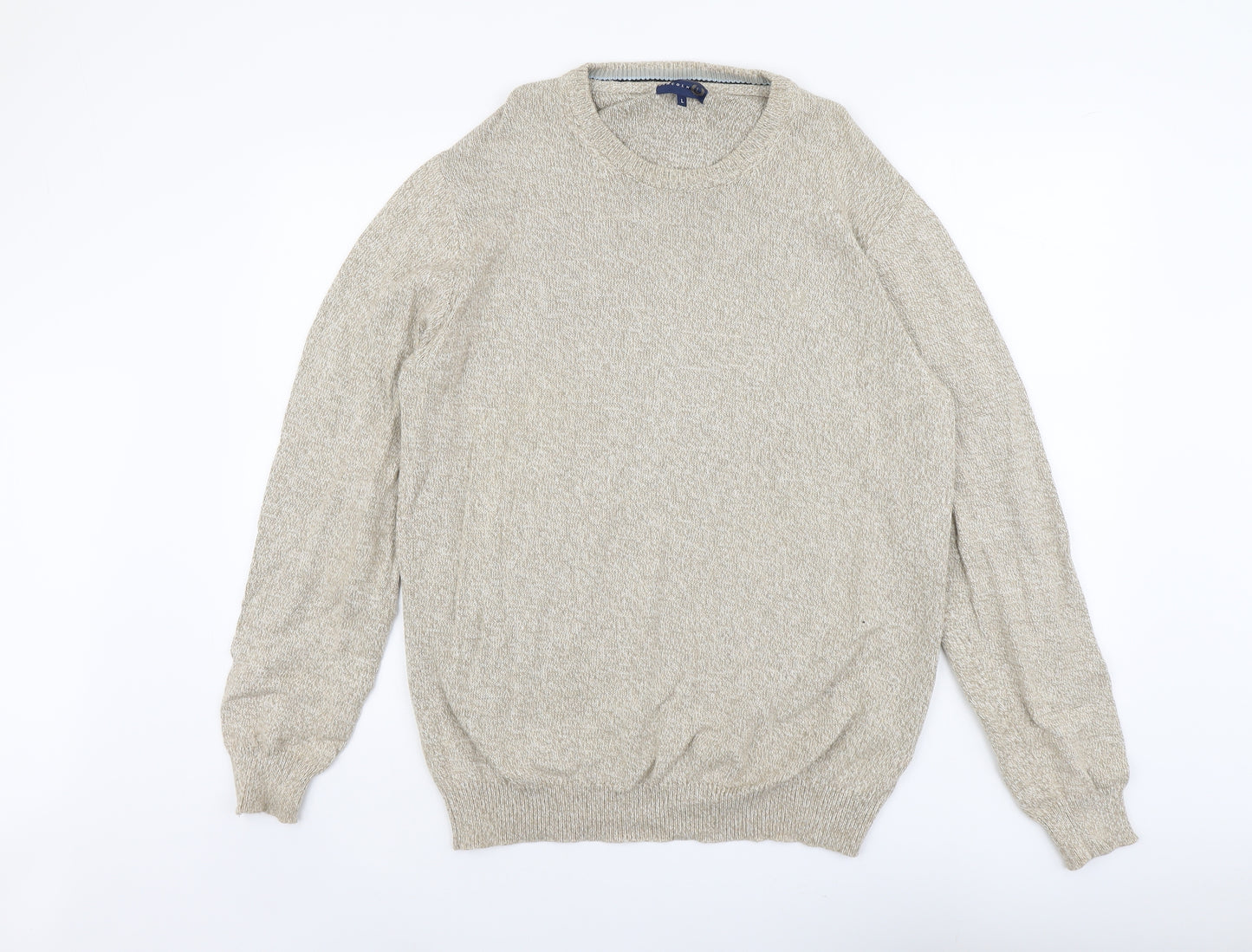 Lincoln Mens Beige Round Neck Cotton Pullover Jumper Size L Long Sleeve