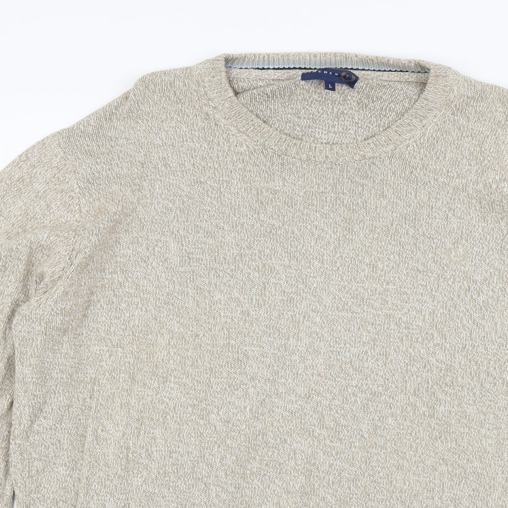 Lincoln Mens Beige Round Neck Cotton Pullover Jumper Size L Long Sleeve
