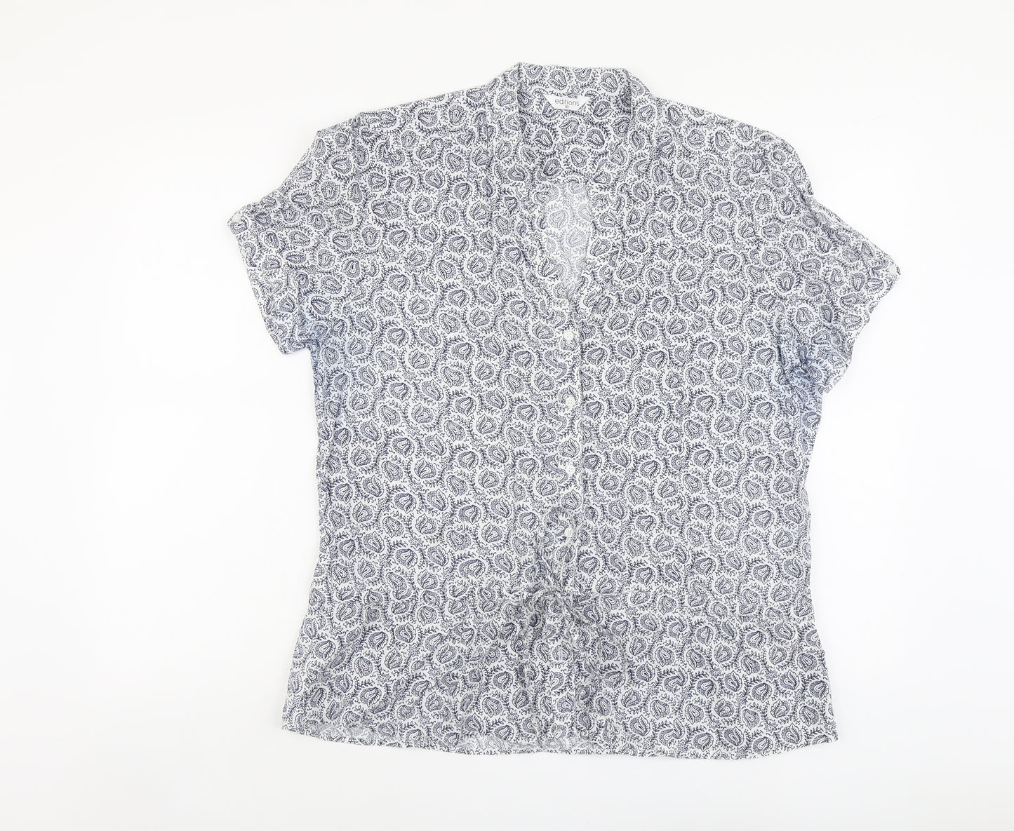 Editions Womens Blue Geometric Cotton Basic Button-Up Size 18 V-Neck
