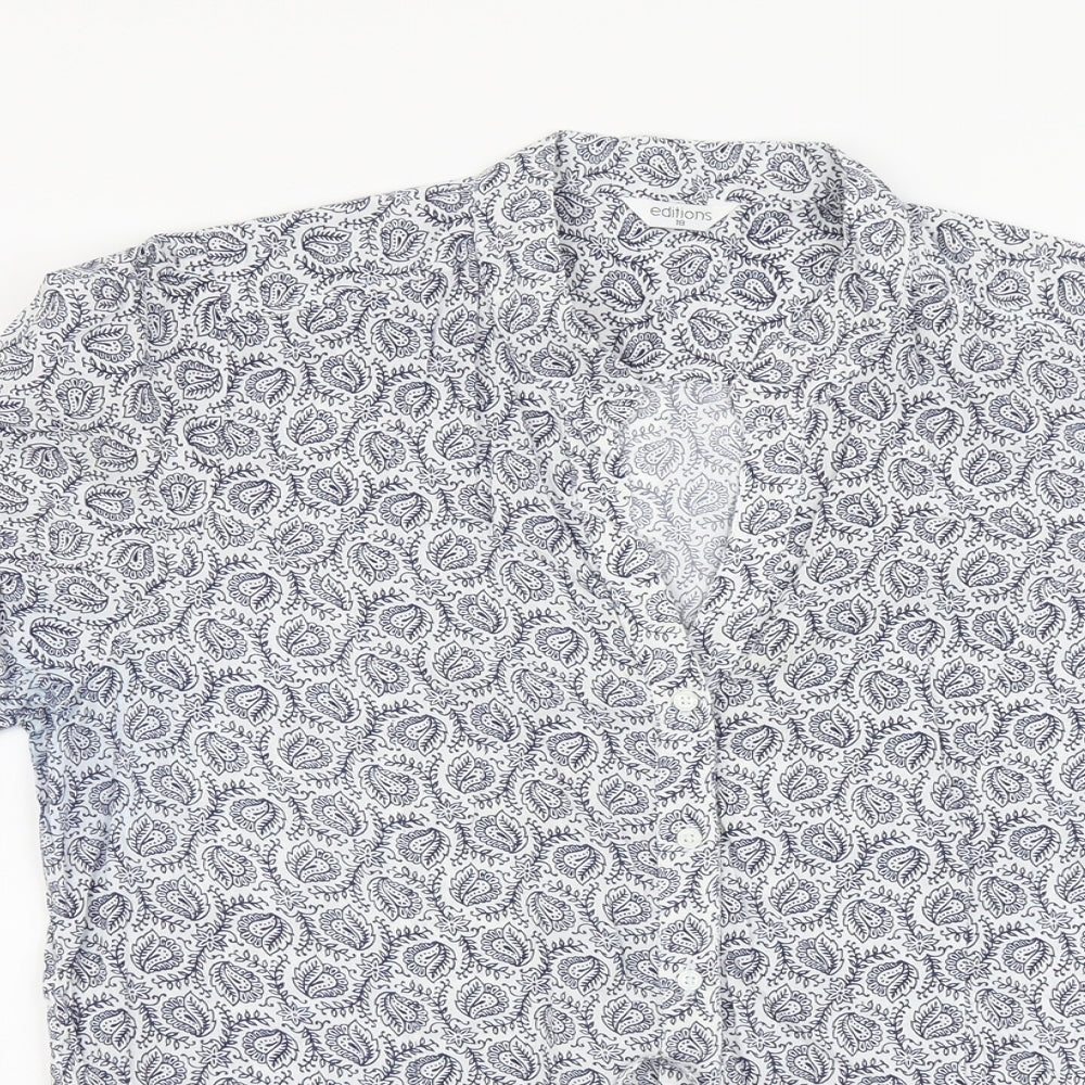 Editions Womens Blue Geometric Cotton Basic Button-Up Size 18 V-Neck