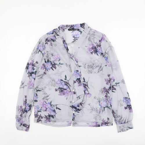 Atmosphere Womens Blue Floral Polyester Basic Button-Up Size 10 V-Neck