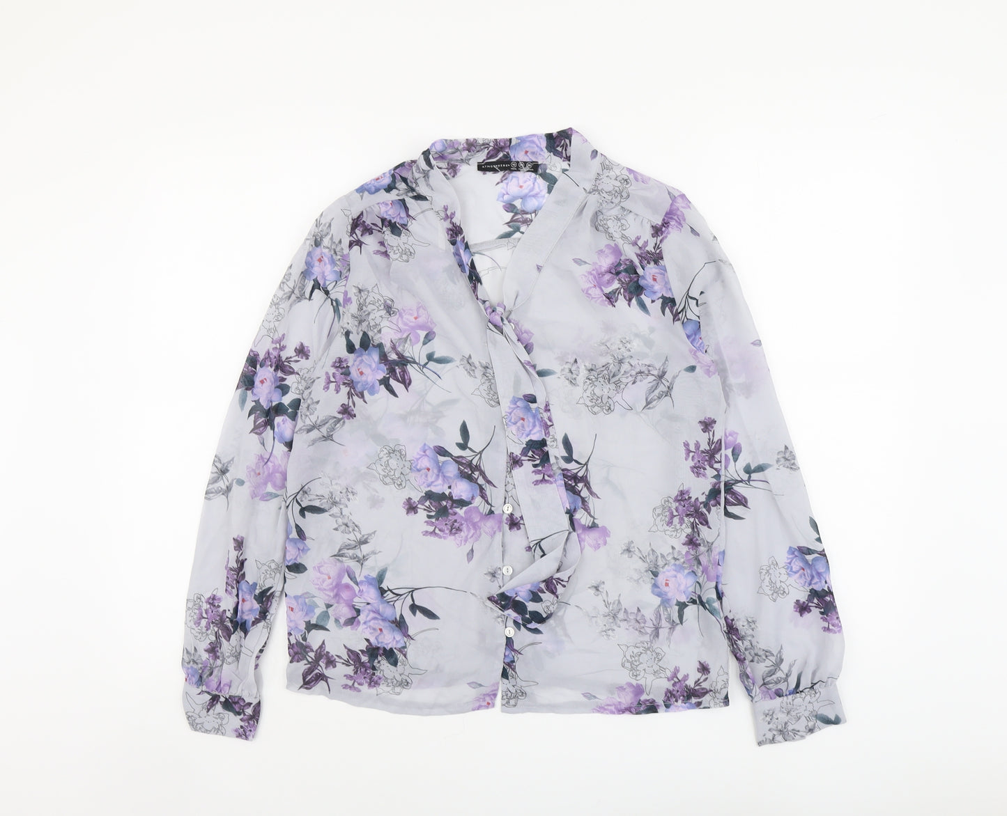 Atmosphere Womens Blue Floral Polyester Basic Button-Up Size 10 V-Neck