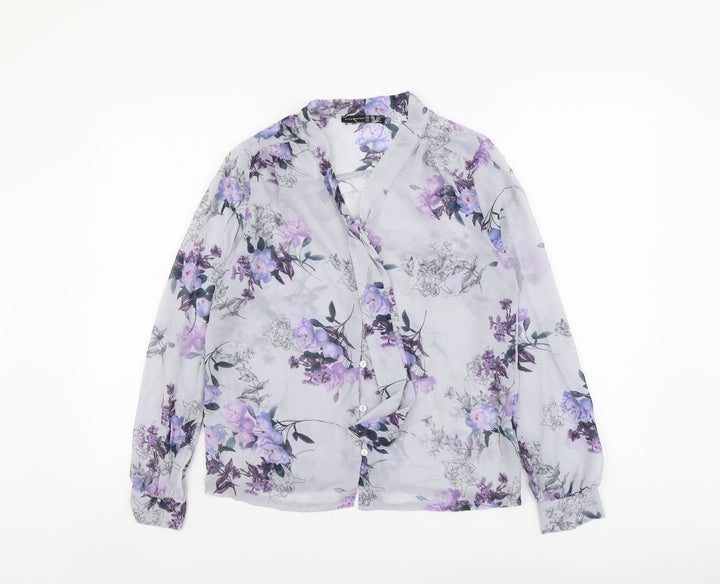 Atmosphere Womens Blue Floral Polyester Basic Button-Up Size 10 V-Neck