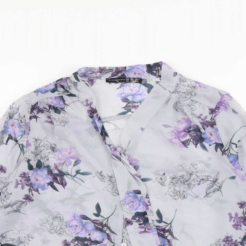 Atmosphere Womens Blue Floral Polyester Basic Button-Up Size 10 V-Neck