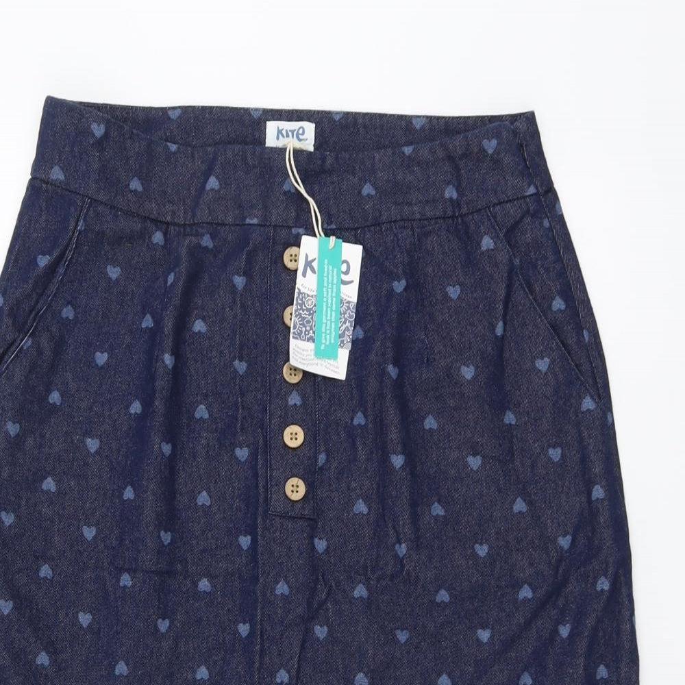 Kite Womens Blue Geometric Cotton A-Line Skirt Size 12 Zip - Heart Pattern