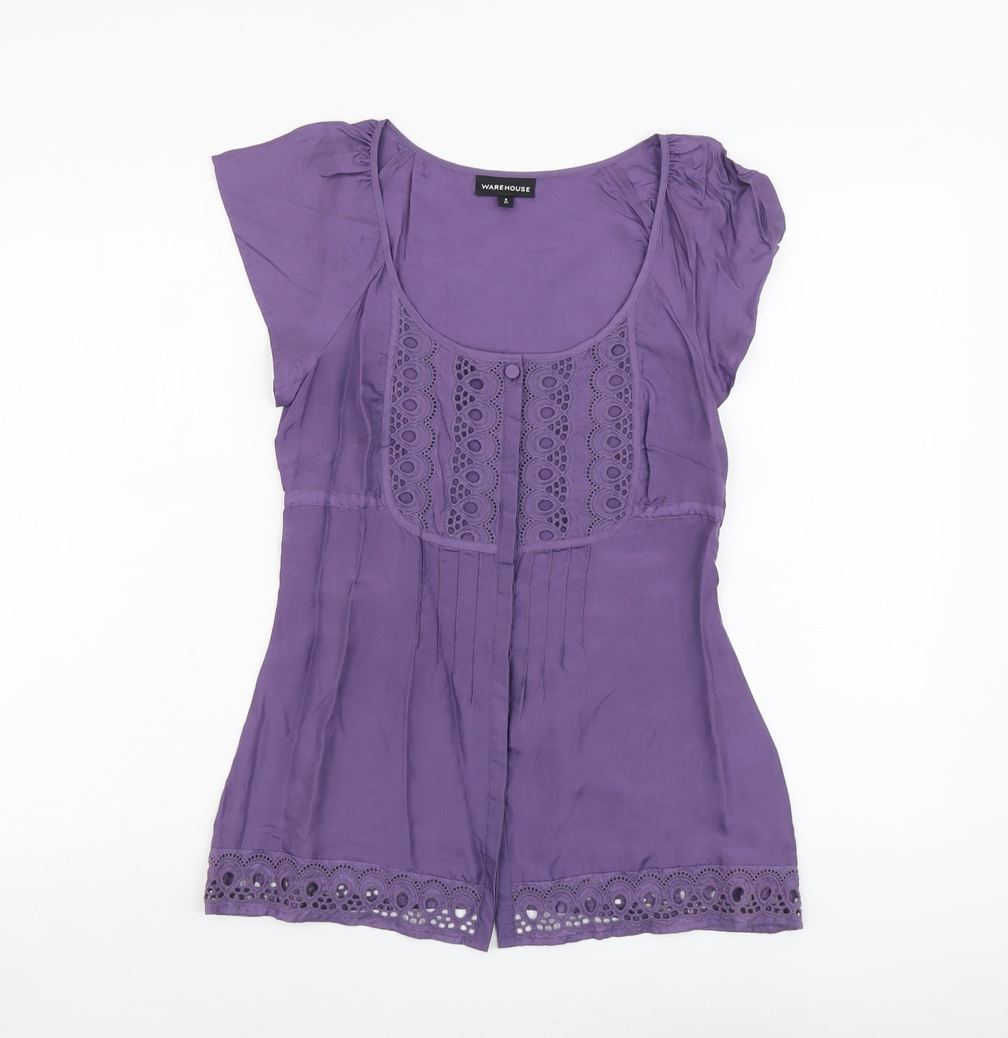 Warehouse Womens Purple Silk Basic Blouse Size 8 Scoop Neck - Broderie Anglaise Detail