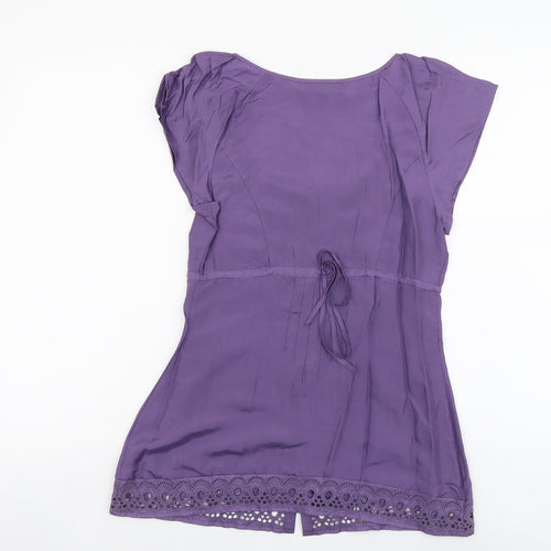 Warehouse Womens Purple Silk Basic Blouse Size 8 Scoop Neck - Broderie Anglaise Detail