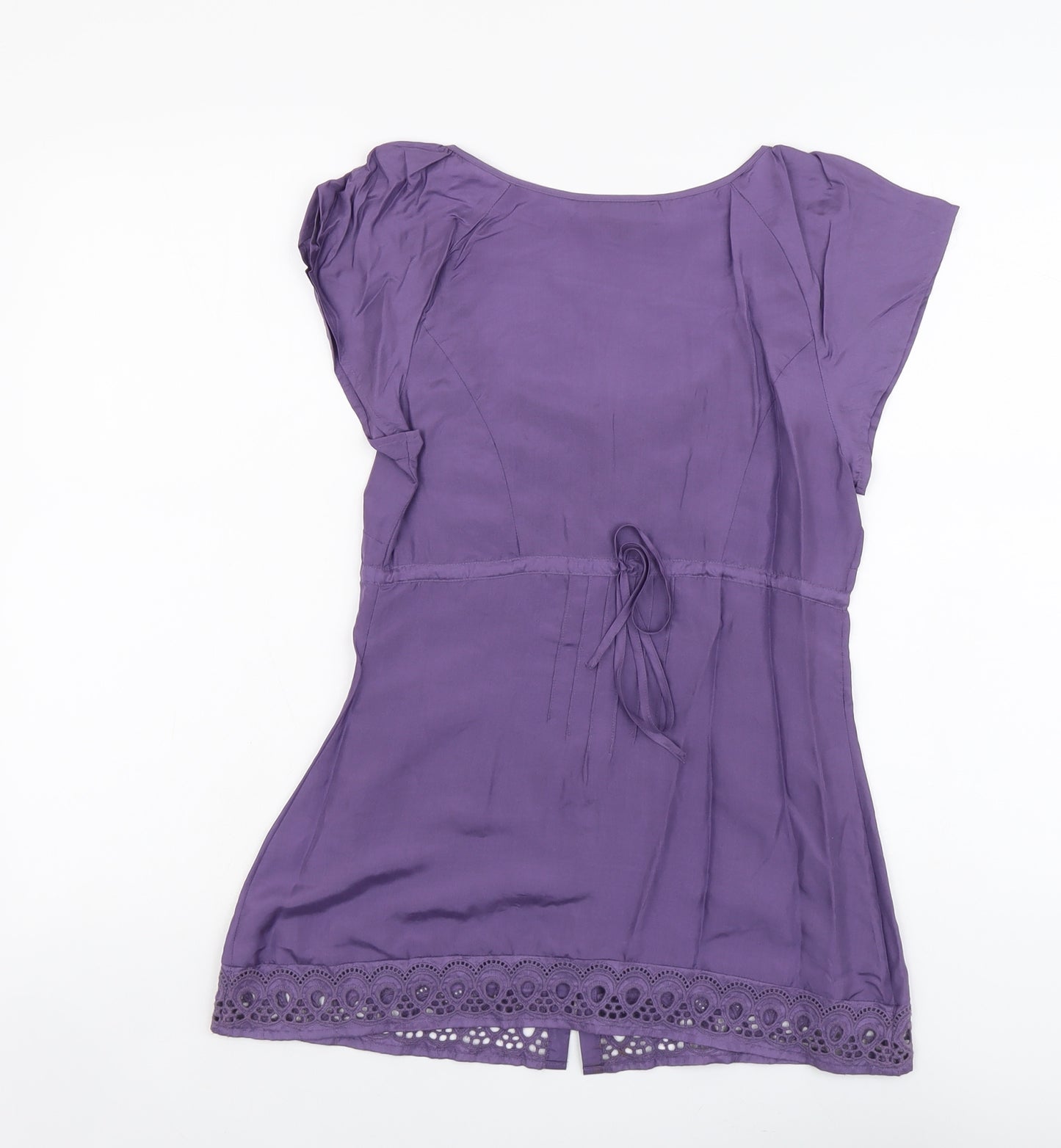 Warehouse Womens Purple Silk Basic Blouse Size 8 Scoop Neck - Broderie Anglaise Detail