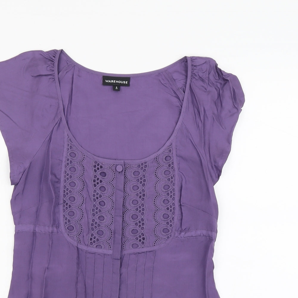 Warehouse Womens Purple Silk Basic Blouse Size 8 Scoop Neck - Broderie Anglaise Detail