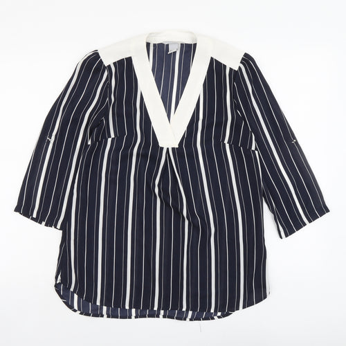H&M Womens Blue Striped Polyester Basic Blouse Size 8 V-Neck