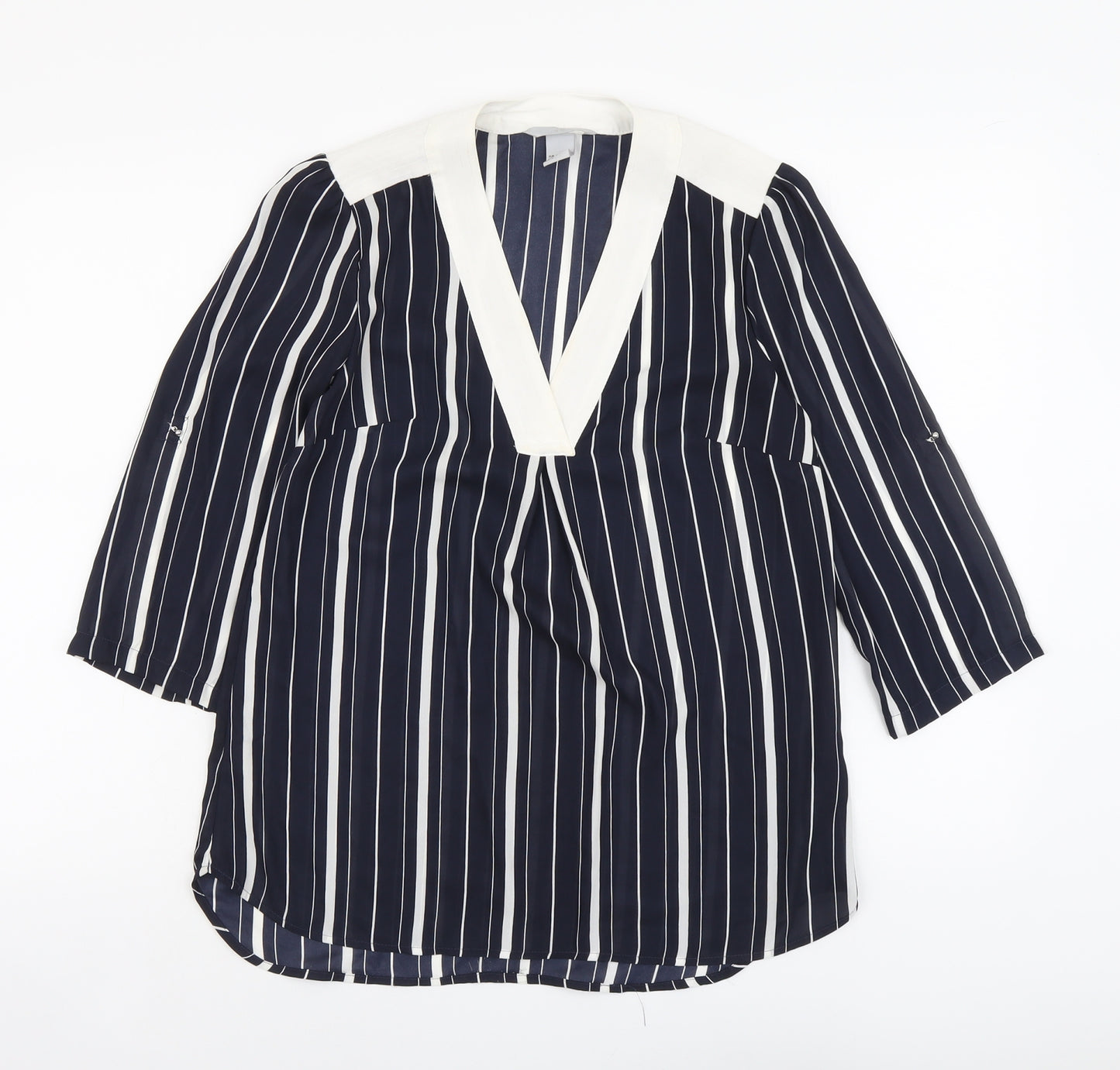 H&M Womens Blue Striped Polyester Basic Blouse Size 8 V-Neck