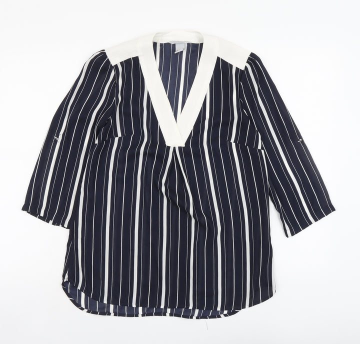 H&M Womens Blue Striped Polyester Basic Blouse Size 8 V-Neck