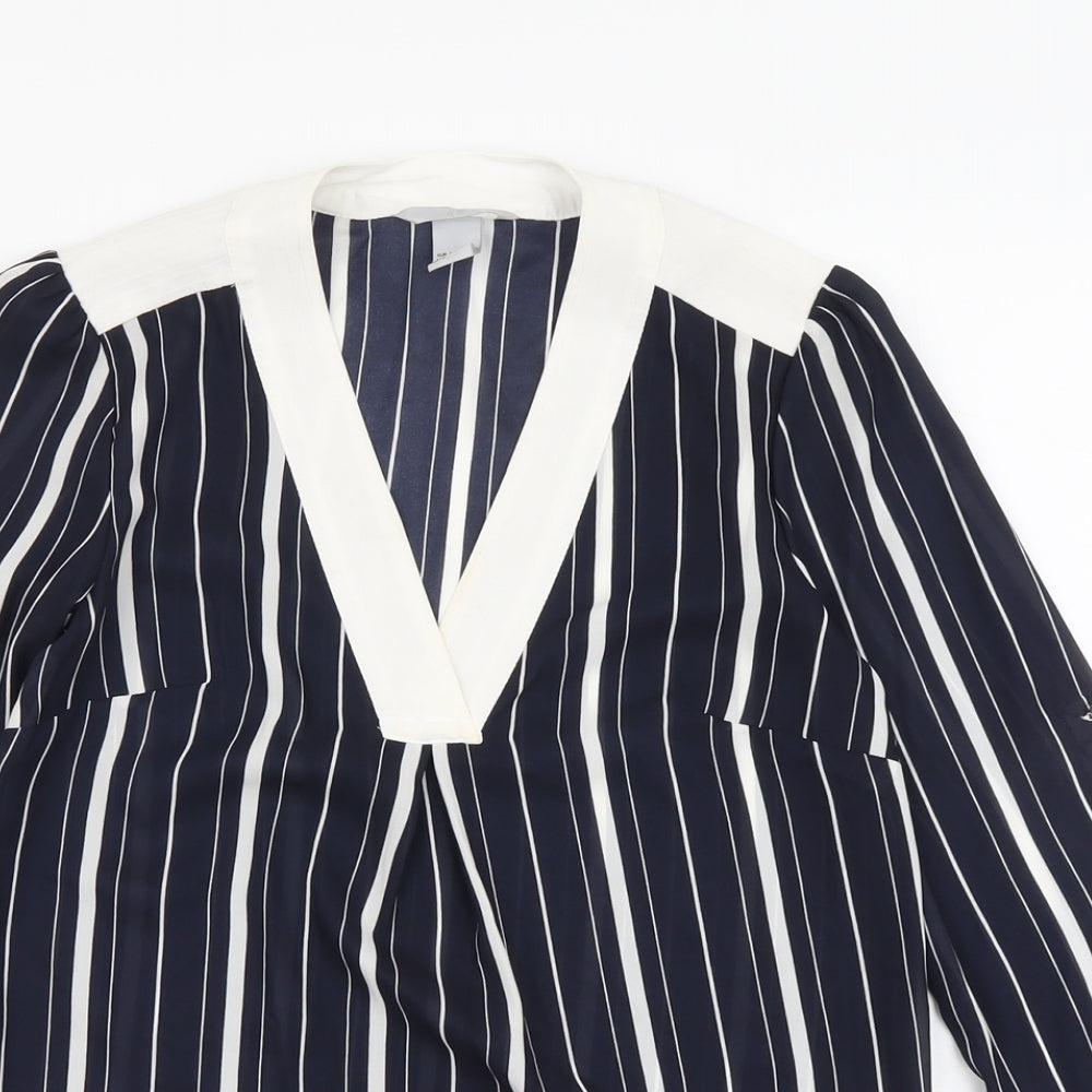 H&M Womens Blue Striped Polyester Basic Blouse Size 8 V-Neck