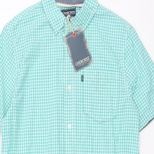 Cherokee Mens Blue Check Cotton Button-Up Size S Collared Button