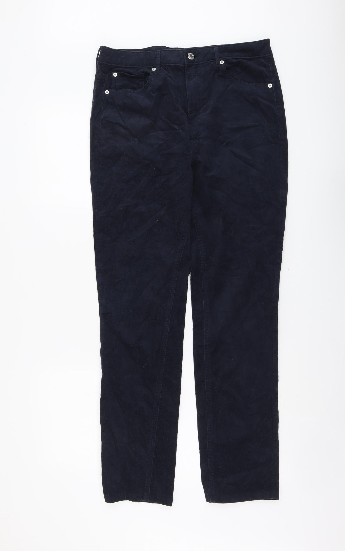 Marks and Spencer Womens Blue Cotton Trousers Size 14 L30 in Regular Button