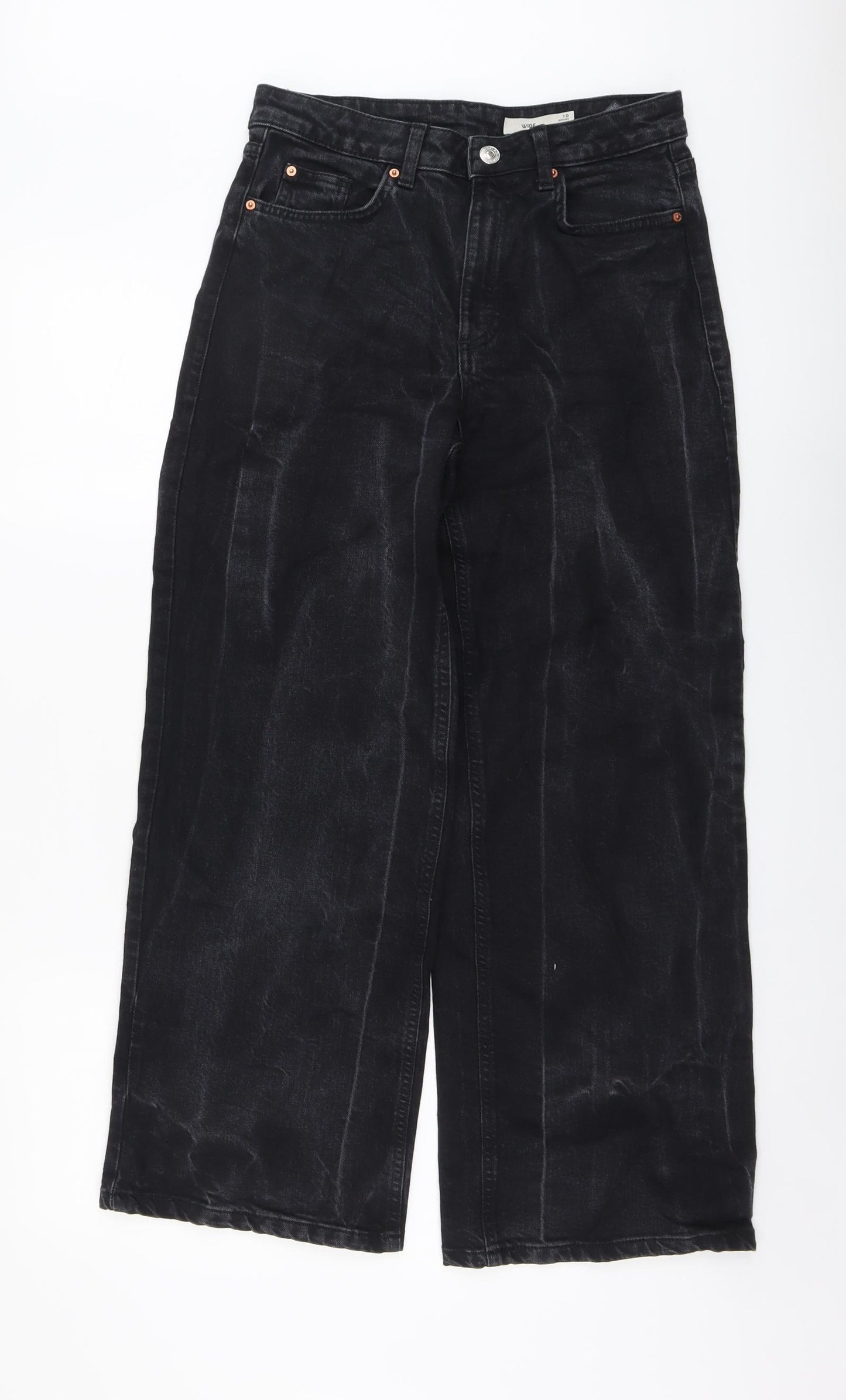 Marks and Spencer Womens Black Cotton Wide-Leg Jeans Size 10 L28 in Regular Button
