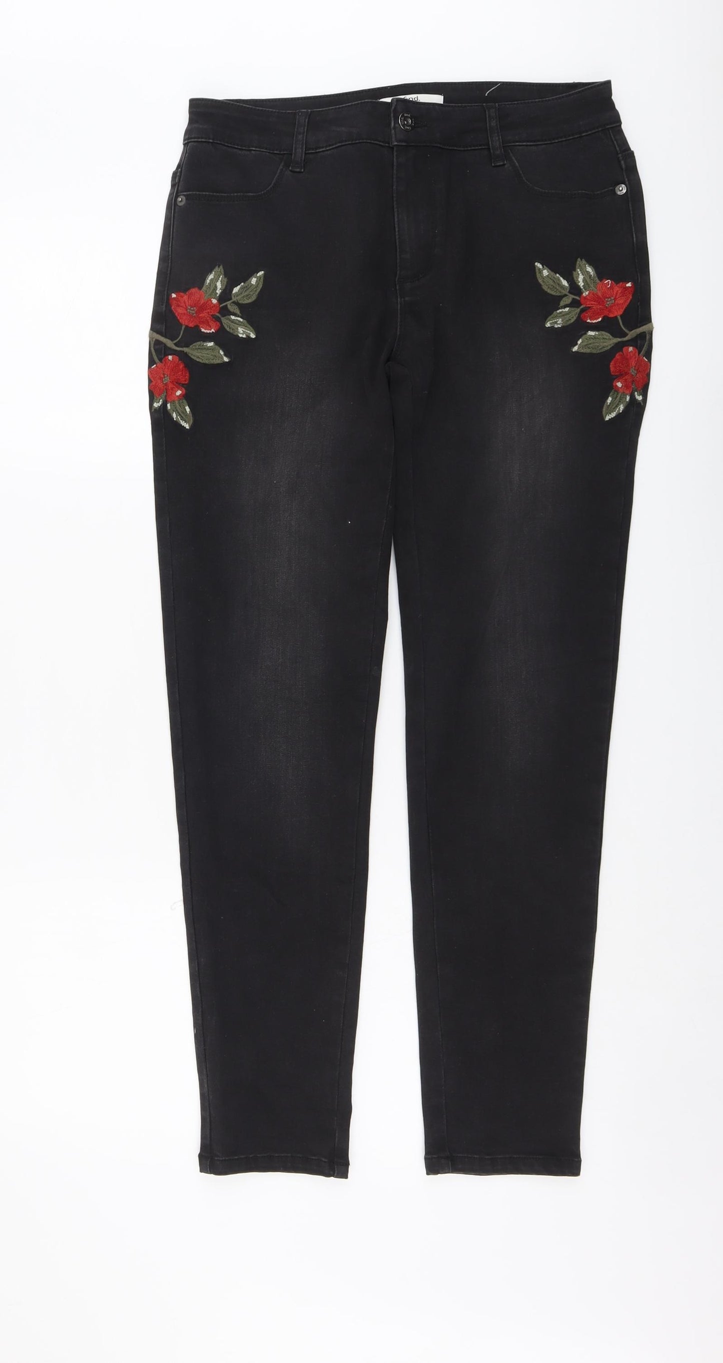 find. Womens Black Cotton Skinny Jeans Size 30 in L32 in Regular Button - Floral Detail