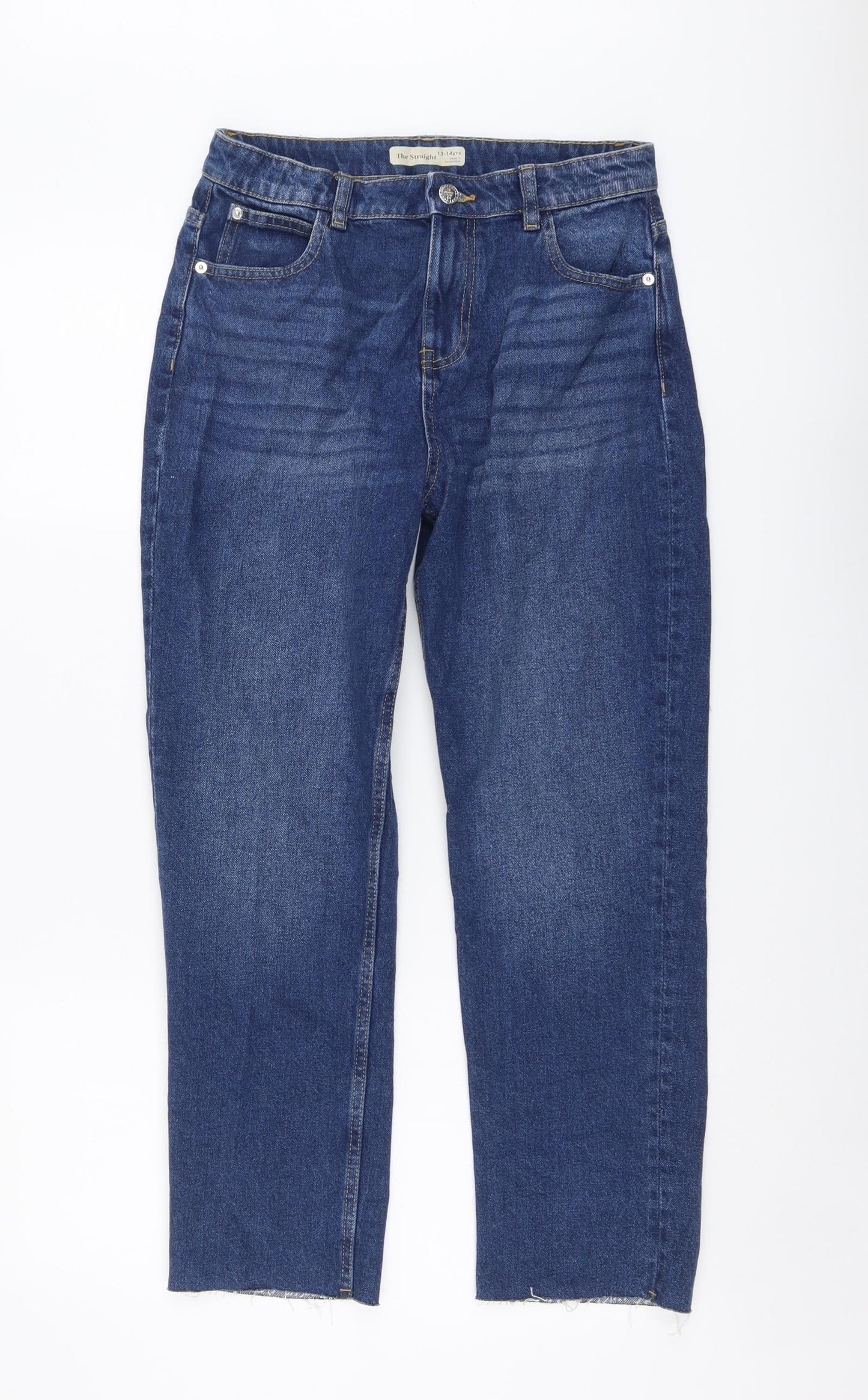 Marks and Spencer Girls Blue Cotton Straight Jeans Size 13-14 Years Regular Button