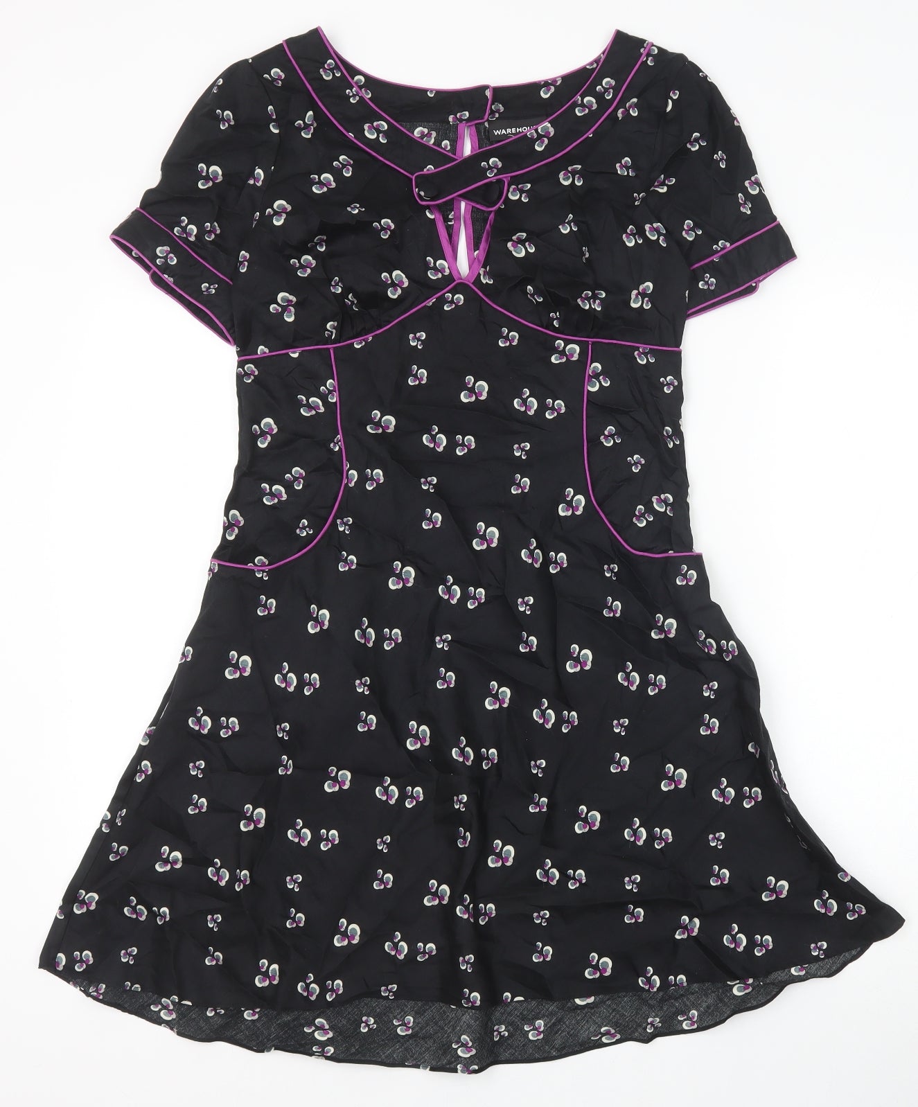 Warehouse Womens Black Floral 100% Cotton A-Line Size 12 Scoop Neck Zip - Contrast Piping Detail