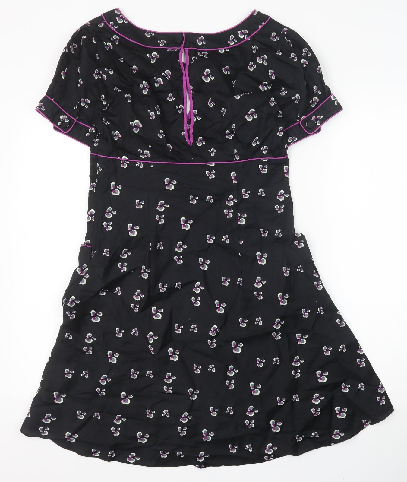 Warehouse Womens Black Floral 100% Cotton A-Line Size 12 Scoop Neck Zip - Contrast Piping Detail