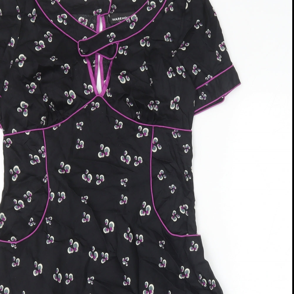 Warehouse Womens Black Floral 100% Cotton A-Line Size 12 Scoop Neck Zip - Contrast Piping Detail