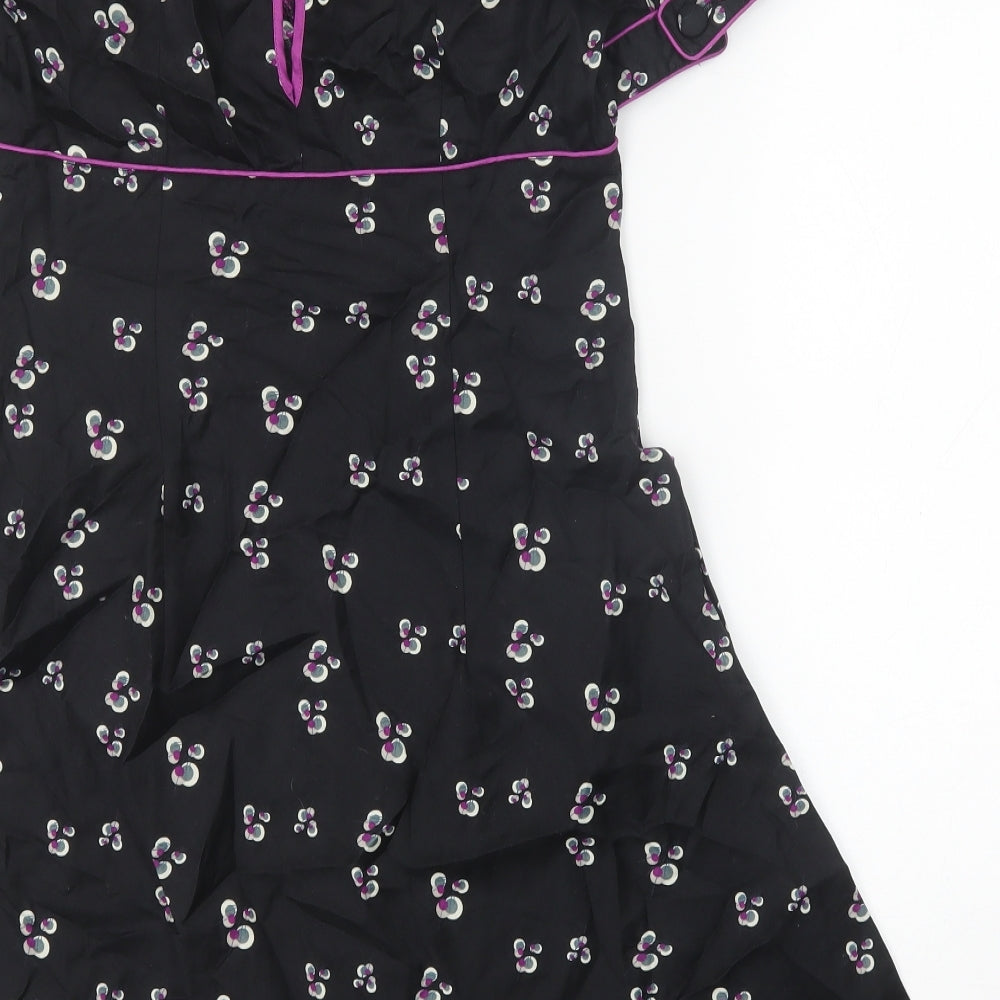 Warehouse Womens Black Floral 100% Cotton A-Line Size 12 Scoop Neck Zip - Contrast Piping Detail