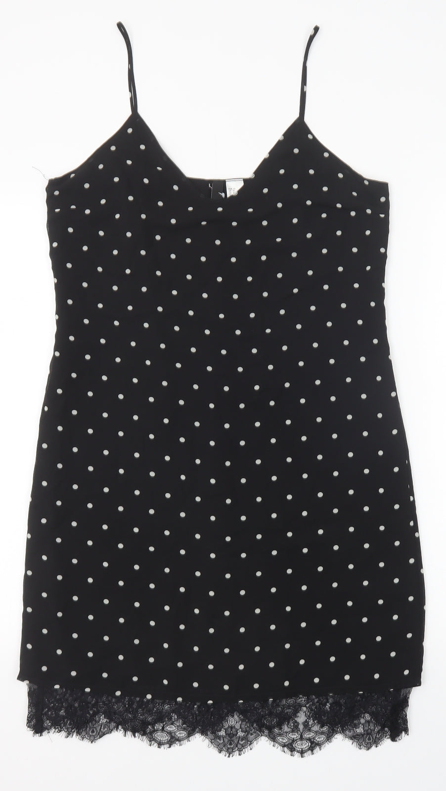H&M Womens Black Polka Dot Polyester Slip Dress Size 10 V-Neck Pullover - Lace Trim