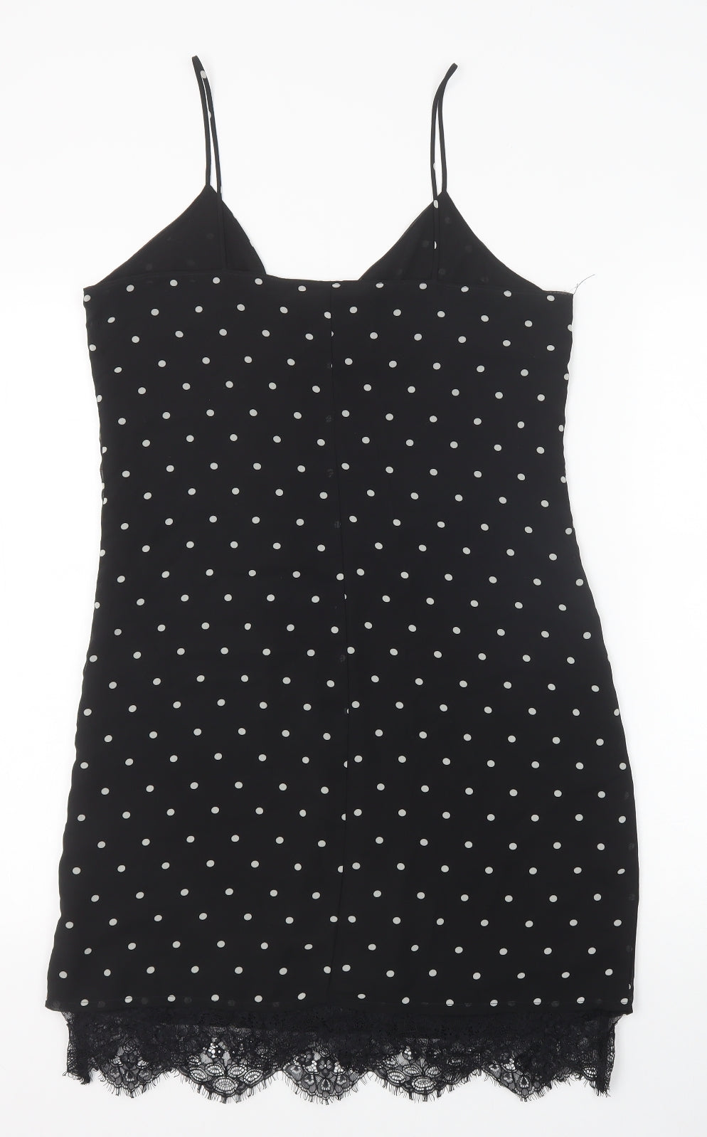 H&M Womens Black Polka Dot Polyester Slip Dress Size 10 V-Neck Pullover - Lace Trim