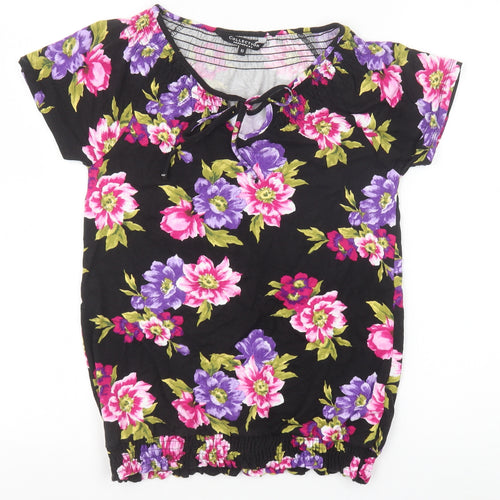 Debenhams Womens Black Floral Viscose Basic T-Shirt Size 10 V-Neck