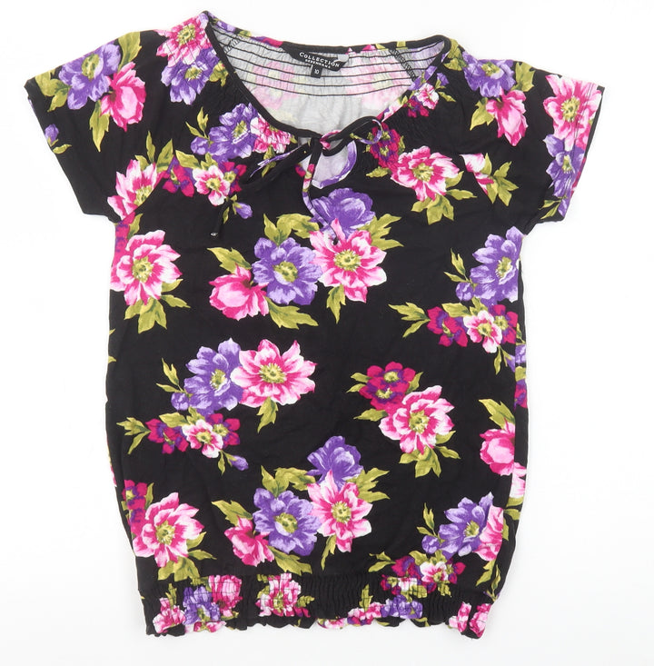 Debenhams Womens Black Floral Viscose Basic T-Shirt Size 10 V-Neck