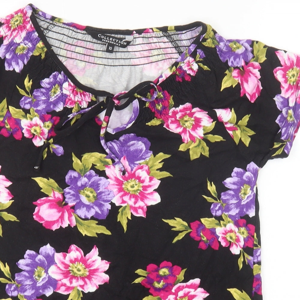 Debenhams Womens Black Floral Viscose Basic T-Shirt Size 10 V-Neck
