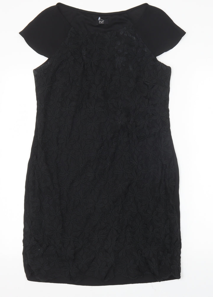 F&F Womens Black Floral Polyester Pencil Dress Size 10 Boat Neck Pullover