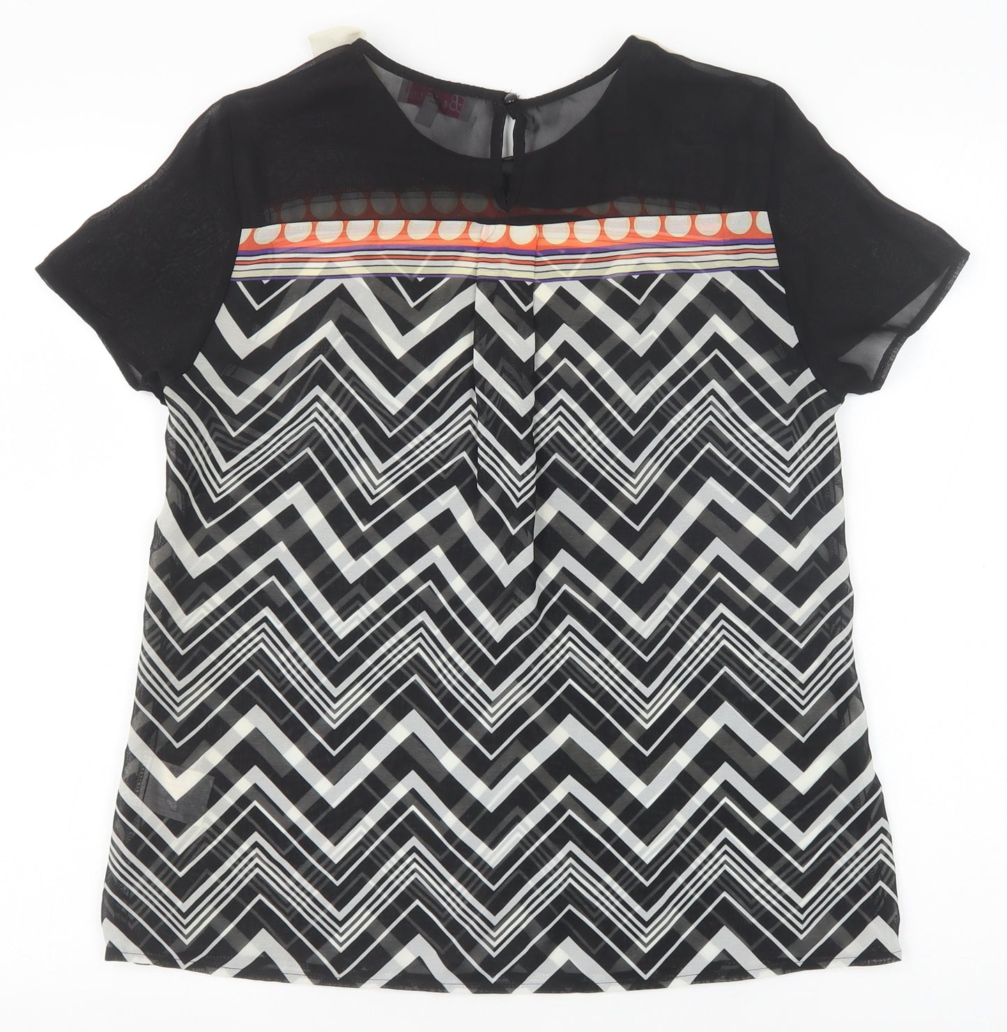 Be Beau Womens Black Geometric Polyester Basic Blouse Size 10 Collared