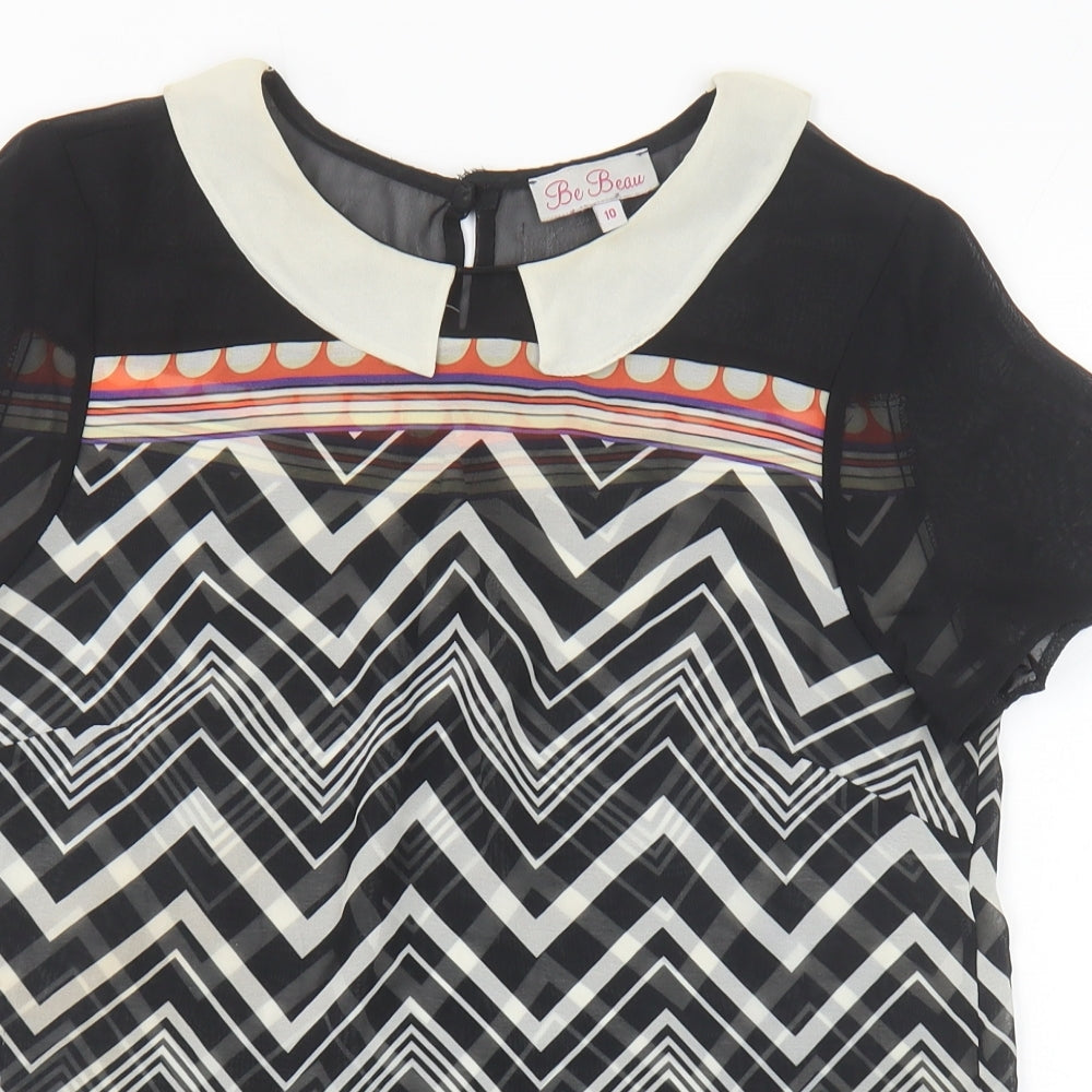 Be Beau Womens Black Geometric Polyester Basic Blouse Size 10 Collared