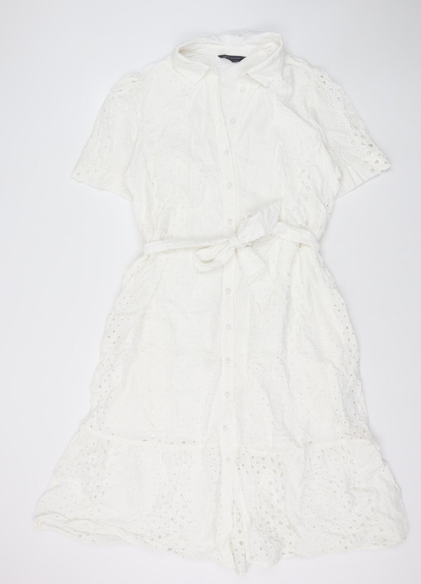 Marks and Spencer Womens White Geometric 100% Cotton Shirt Dress Size 18 Collared Button - Broderie Anglaise