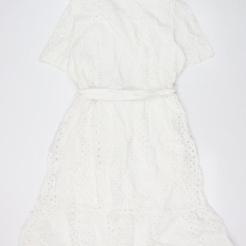 Marks and Spencer Womens White Geometric 100% Cotton Shirt Dress Size 18 Collared Button - Broderie Anglaise