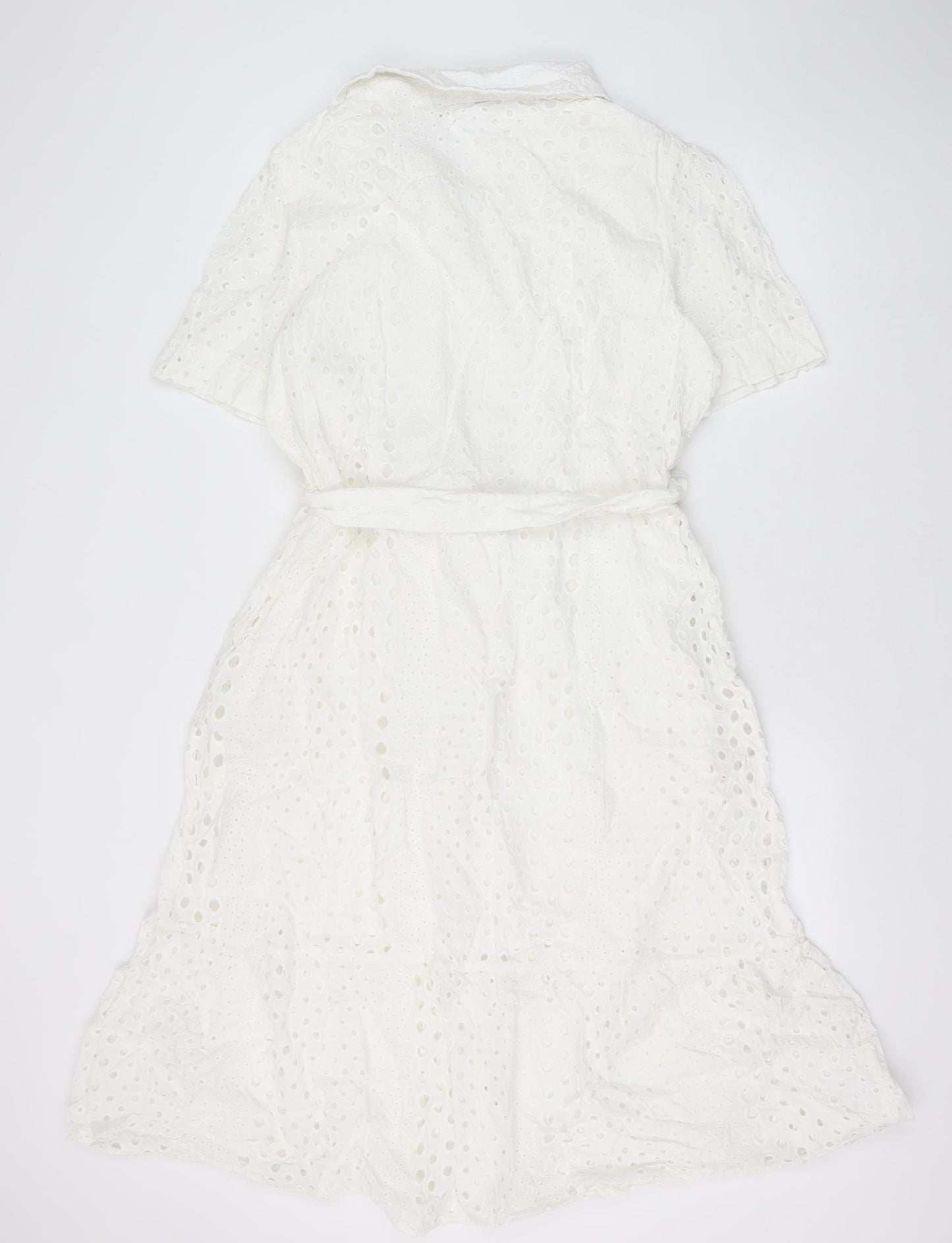 Marks and Spencer Womens White Geometric 100% Cotton Shirt Dress Size 18 Collared Button - Broderie Anglaise